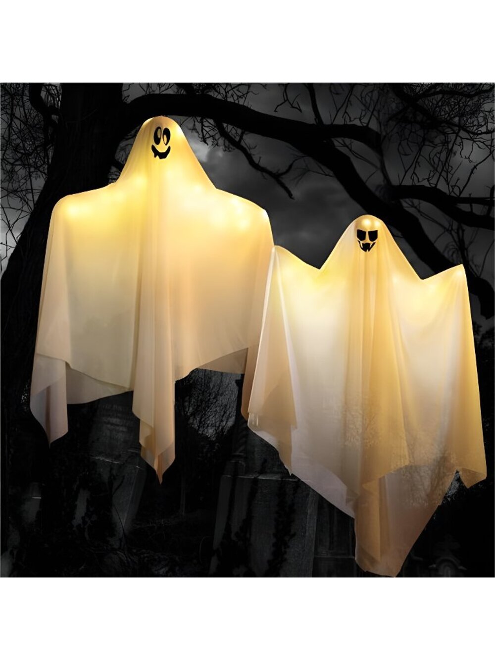 2 PCS Halloween Decorations Outdoor Lights Hanging Ghost with Yellow LED, 35.4"